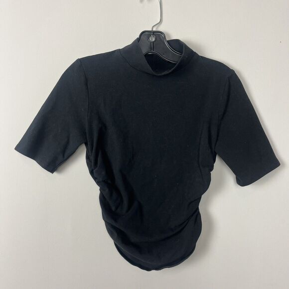 Reformation Black Mock Neck Short Sleeve Shirt XS Side Ruching - Picture 1 of 3